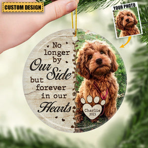 Custom Photo No Longer By Our Side - Memorial Personalized Custom Ceramic Ornament - Christmas Gift For Pet Lovers