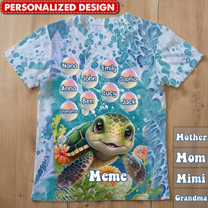 Beachy Sea Turtle Tough Grandma Mom With Grandkids Personalized 3D T-shirt
