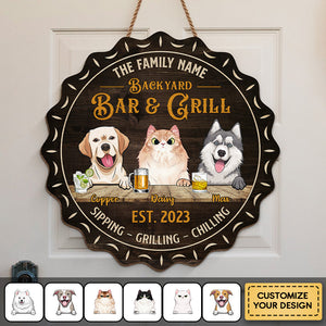 Family Pet Bar & Grill - Dog & Cat Personalized Custom Shaped Home Decor Wood Sign - House Warming Gift For Pet Owners And Pet Lovers