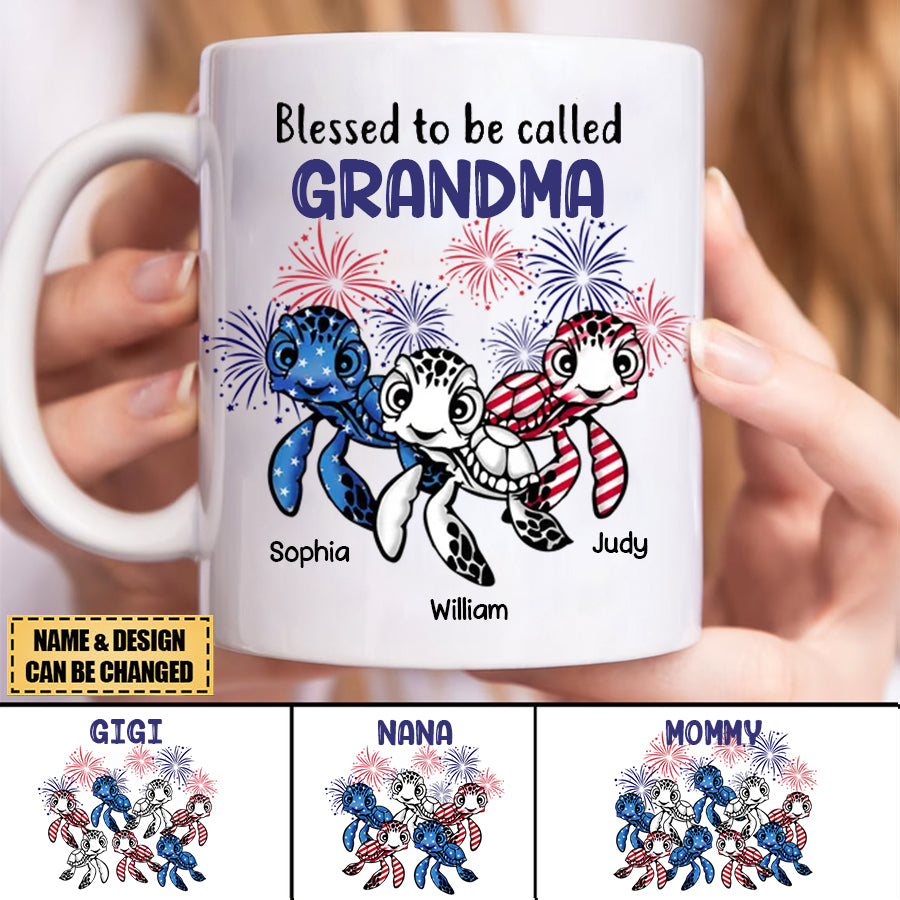 Personalized USA July 4th Grandma Mom Turtle Mug.