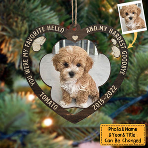 My Favorite Hello And My Hardest Goodbye - Personalized Custom Heart Shaped Acrylic Christmas Ornament - Upload Image, Memorial Gift, Sympathy Gift, Gift For Pet Lovers, Christmas Gift