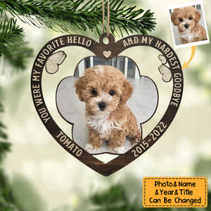 My Favorite Hello And My Hardest Goodbye - Personalized Custom Heart Shaped Acrylic Christmas Ornament - Upload Image, Memorial Gift, Sympathy Gift, Gift For Pet Lovers, Christmas Gift