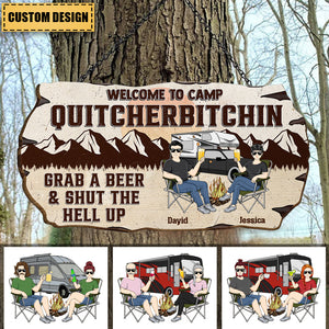 Welcome To Camp Quitcherbitchins Couples With Beer - Personalized Custom Shaped Wood Sign