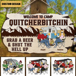 Welcome To Camp Quitcherbitchins Couples With Beer - Personalized Custom Shaped Wood Sign