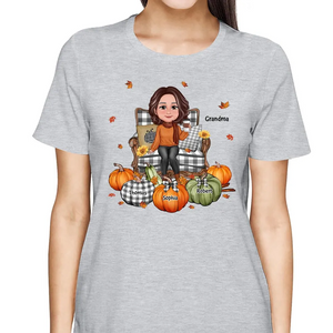Grandma Sitting On Chair Pumpkins Personalized Shirt - Gift For Grandma