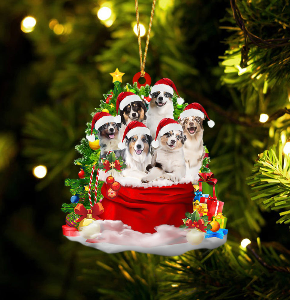 Australian Shepherd Dogs In A Gift Bag Christmas Ornament