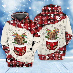 BROWN Pitbull In Snow Pocket Merry Christmas Unisex Hoodie