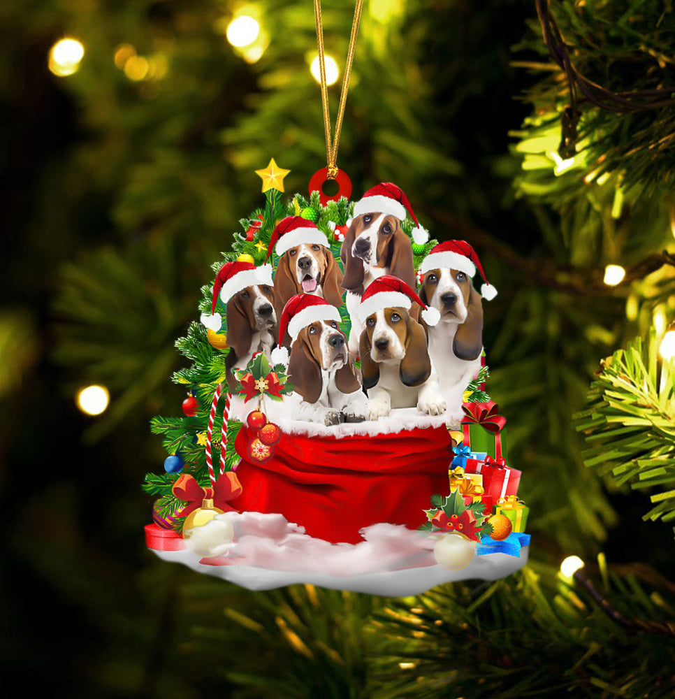 Basset Hound Dogs In A Gift Bag Christmas Ornament
