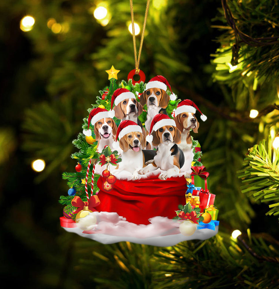 Beagle Dogs In A Gift Bag Christmas Ornament