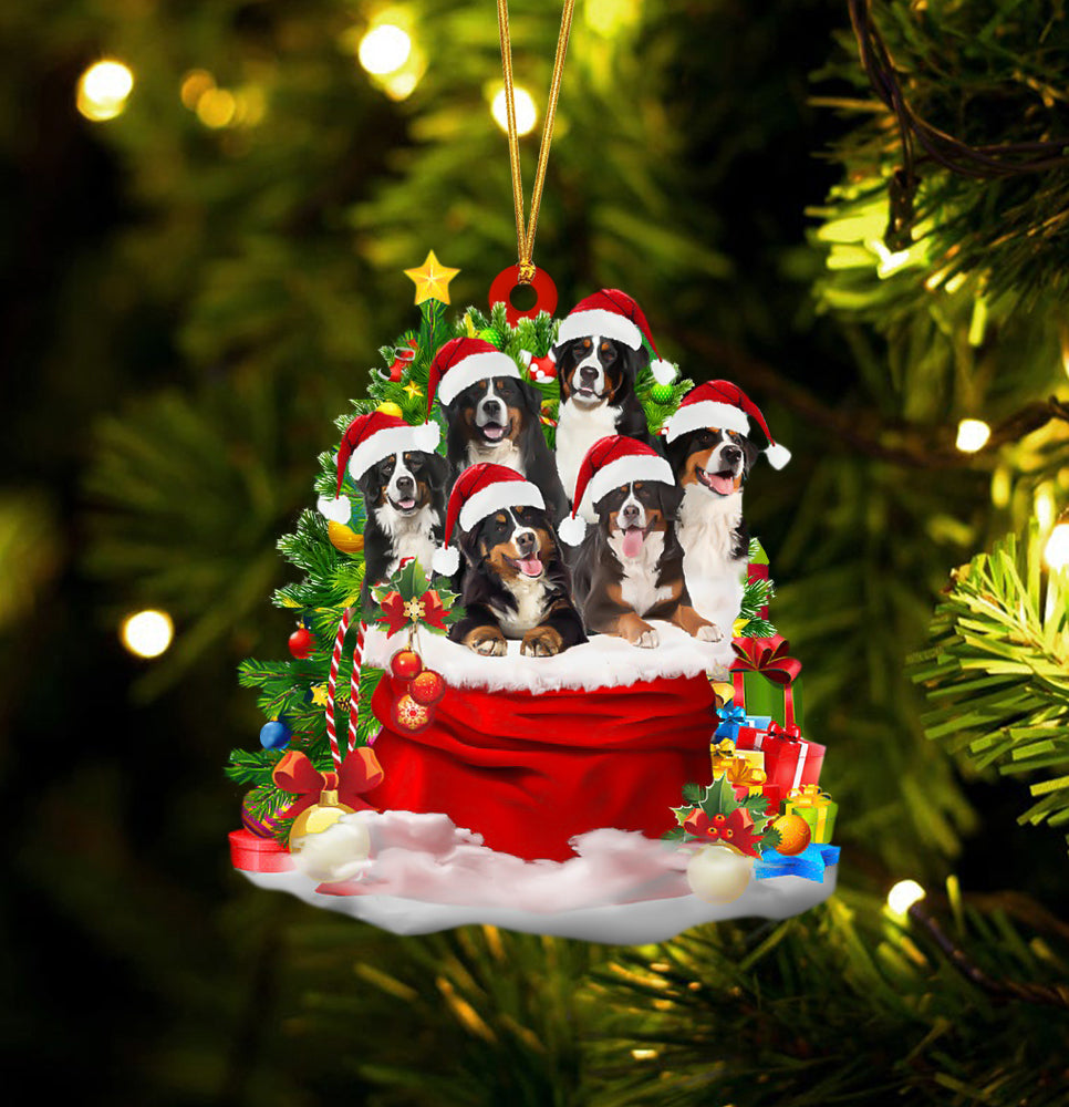 Bernese Mountain Dogs In A Gift Bag Christmas Ornament