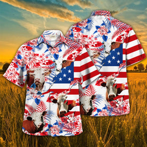 Hereford In American Flag Tropical Flower Hawaiian Shirt
