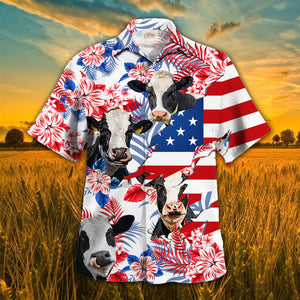 Holstein Friesian In American Flag Tropical Flower Hawaiian Shirt