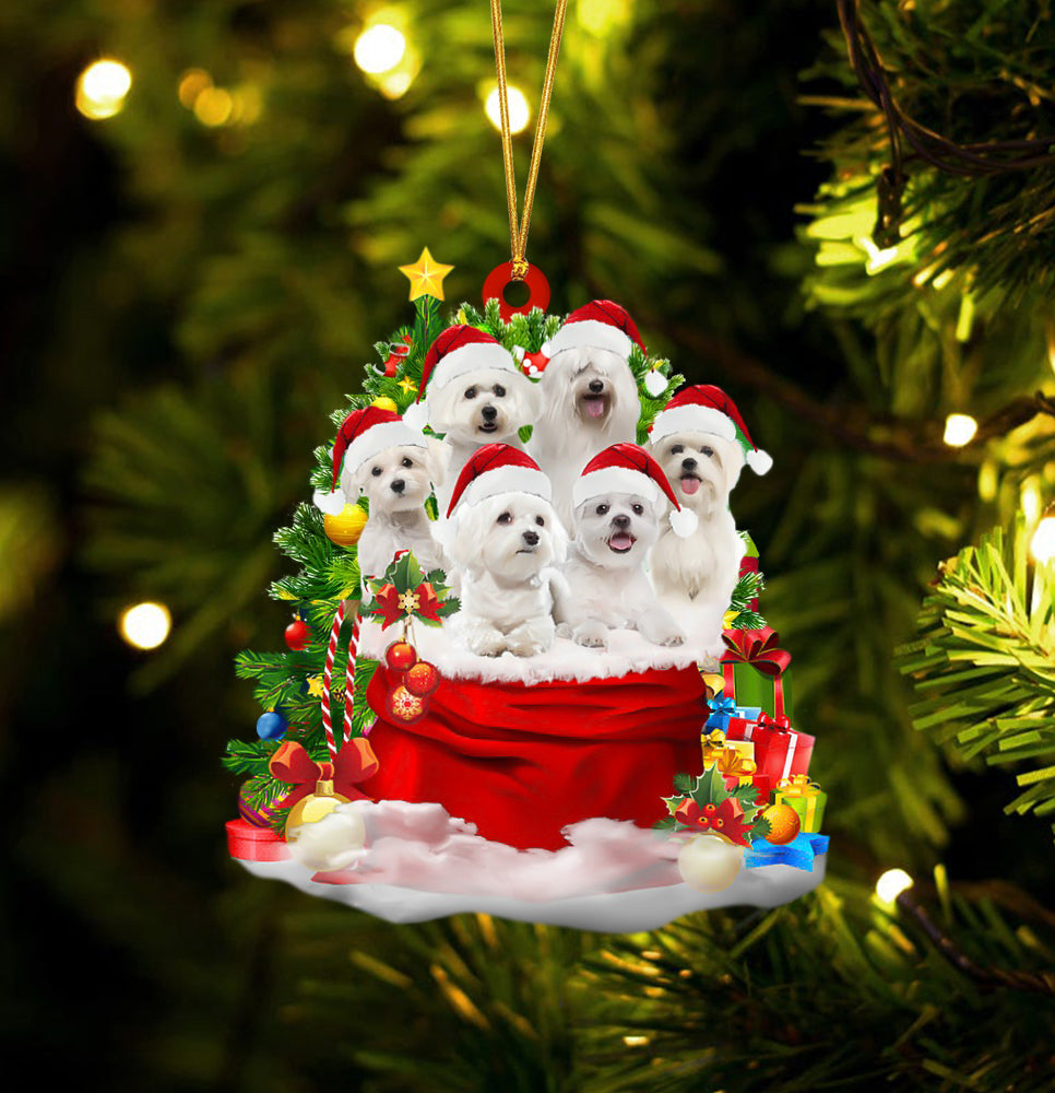 Maltese Dogs In A Gift Bag Christmas Ornament