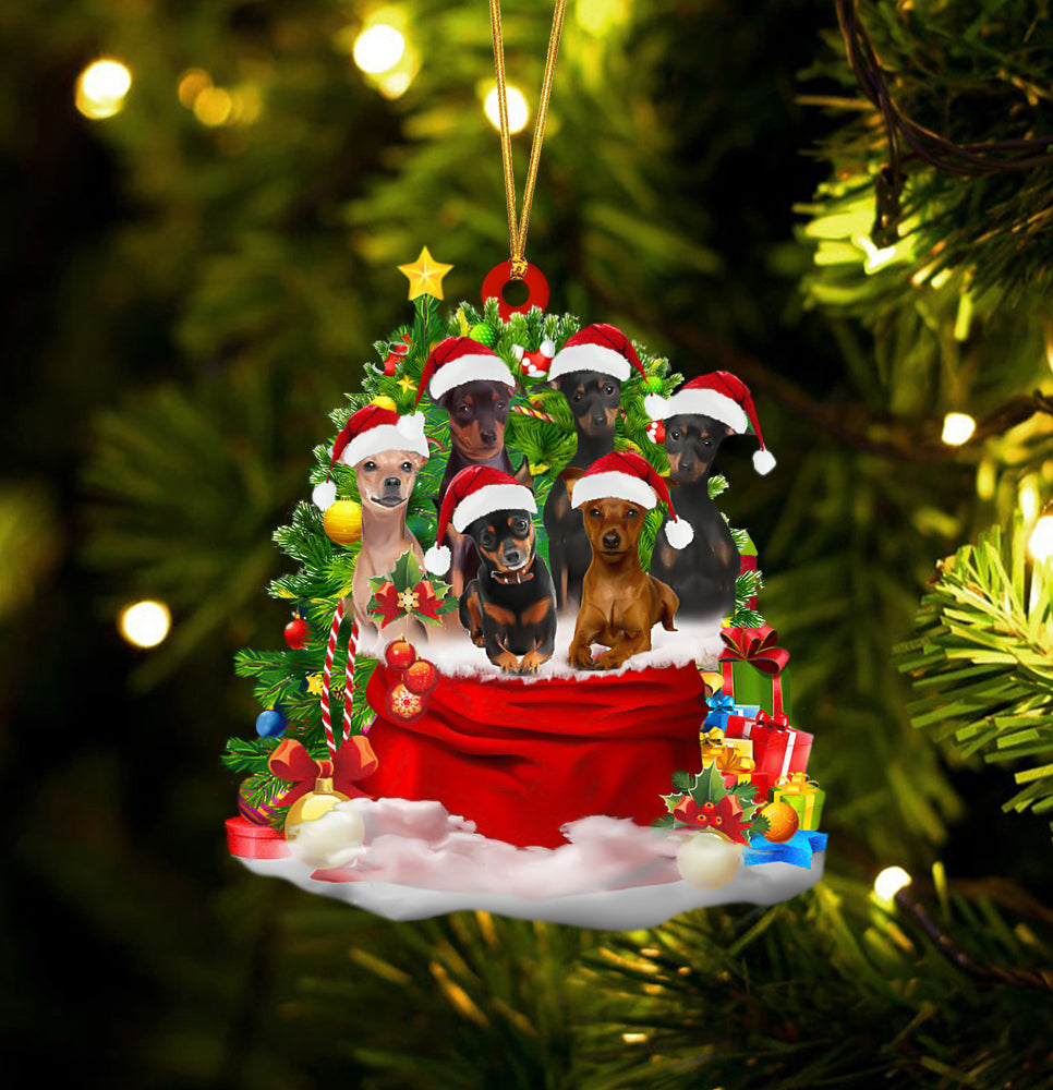 Miniature Pinscher Dogs In A Gift Bag Christmas Ornament