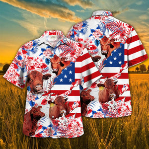 Red Angus In American Flag Tropical Flower Hawaiian Shirt