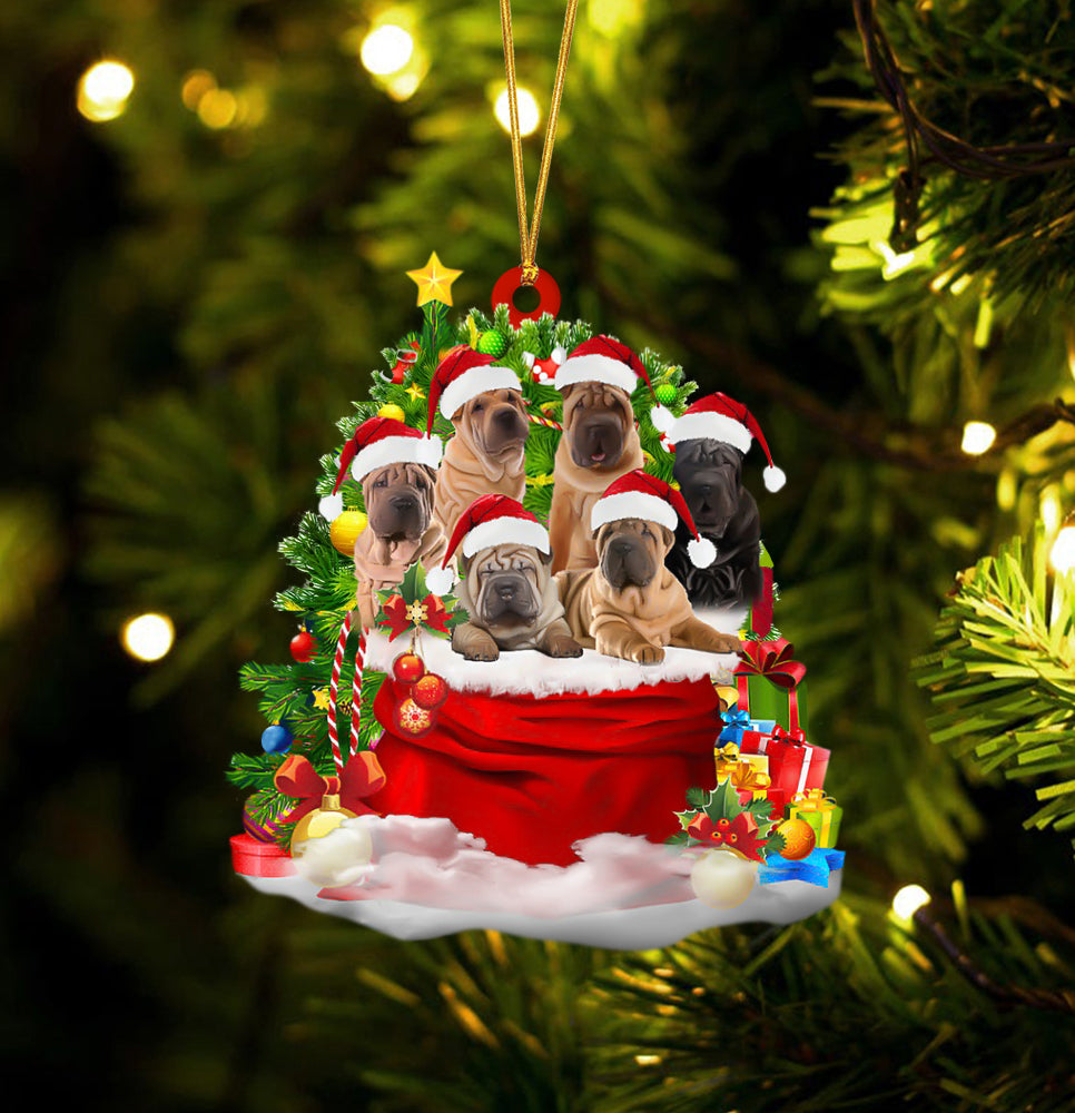 Shar pei Dogs In A Gift Bag Christmas Ornament