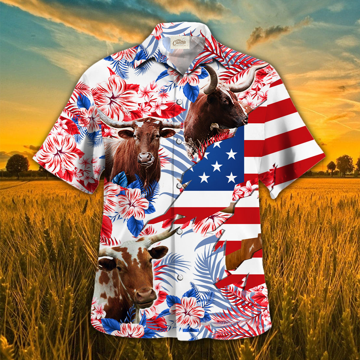 TX Longhorn In American Flag Tropical Flower Hawaiian Shirt