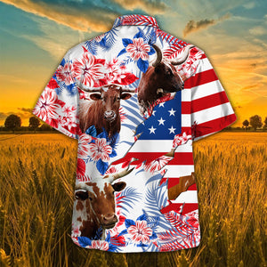 TX Longhorn In American Flag Tropical Flower Hawaiian Shirt