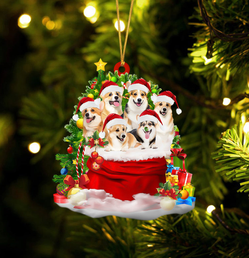 Welsh Corgi Dogs In A Gift Bag Christmas Ornament