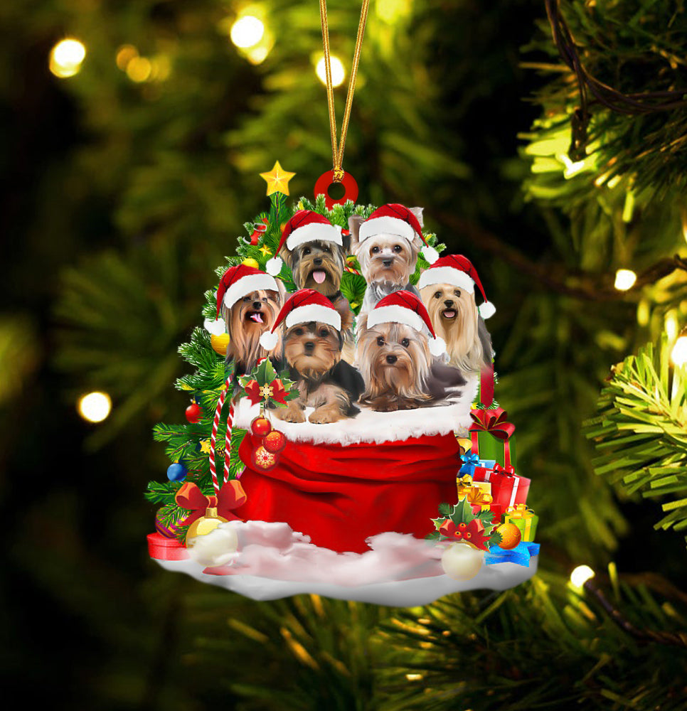 Yorkshire Terrier Dogs In A Gift Bag Christmas Ornament
