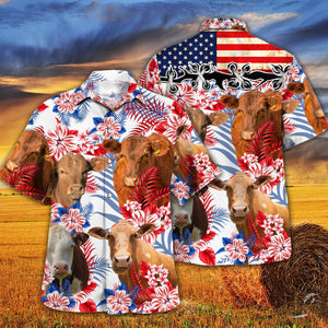 Beefmaster Cattle In American Flag Patterns Hawaiian Shirt