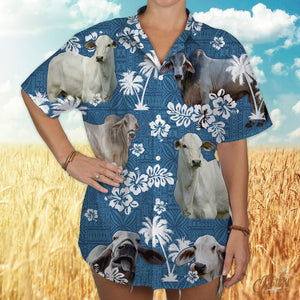 Brahman Cattle Blue Tribal Hawaiian Shirt
