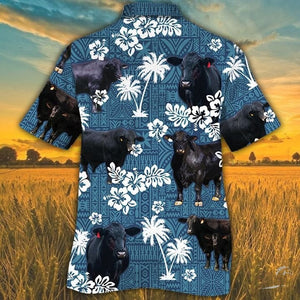Brangus Cattle Blue Tribal Pattern Hawaiian Shirt