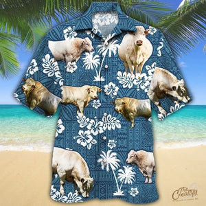 Charolais Cattle Blue Tribal Hawaiian Shirt