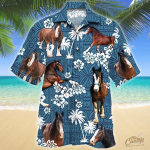 Clydesdale Horse Blue Tribal Pattern Hawaiian Shirt