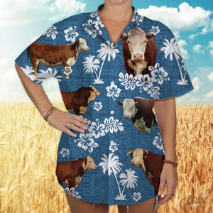 Hereford Cattle Blue Tribal Hawaiian Shirt