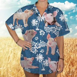 Pig Blue Tribal Pattern Hawaiian Shirt