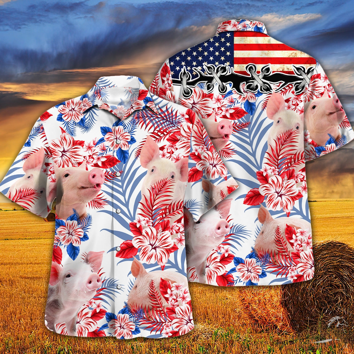Pig In American Flag Patterns Hawaiian Shirt