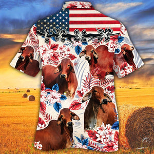 Red Brahman Cattle American Flag Hawaiian Shirt