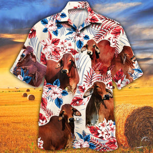 Red Brahman Cattle American Flag Hawaiian Shirt