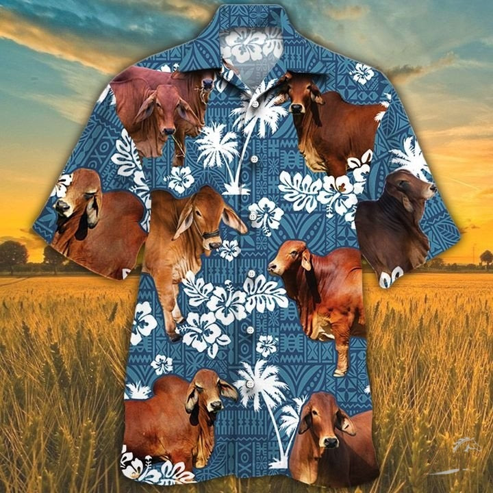 Red Brahman Cattle Blue Tribal Pattern Hawaiian Shirt