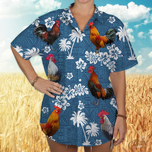 Rooster Blue Tribal Hawaiian Shirt