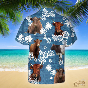 Shorthorn Cattle Blue Tribal Pattern Hawaiian Shirt