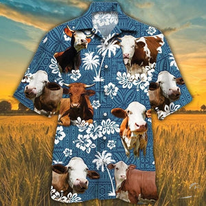 Simmental Cattle Blue Tribal Pattern Hawaiian Shirt