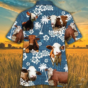 Simmental Cattle Blue Tribal Pattern Hawaiian Shirt
