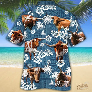 TX Longhorn Cattle Blue Tribal Hawaiian Shirt