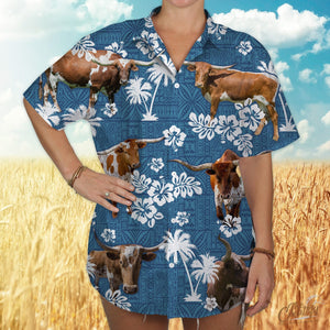 TX Longhorn Cattle Blue Tribal Hawaiian Shirt